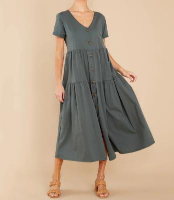 China 50 MOQ Cotton Women's V Neck Anti-Static Button Candid Babydoll Midi Short Dress Sleeves for sale