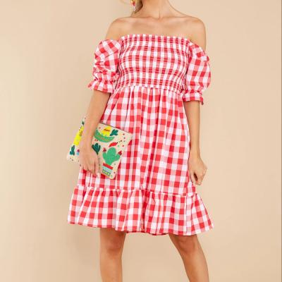 China High Quality Cotton Anti-static Pink Gingham Square Neck Smocked White Breath Off Shoulder Summer Dress for sale