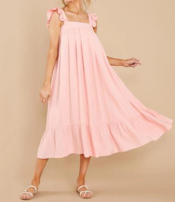 China Women Rayon Ruffle Oversized Strap Elastic Bust Button Comfort Customized Button Down Midi Back Dress for sale
