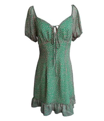 China Comfort Factory OEM Soft Low Back Tie V Neck Ruffle Geometric Chiffon Mini Dress for sale