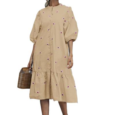 China Breathable High Level Custom Women Clothing Cotton With Embroidery O-Neck Lantern Sleeve Button Down Front Fashion Spring Ladies Dresses for sale