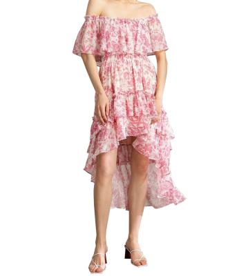 China Fashion Breathable Peony Floral High Low Midi Dress With Tiered Layers Off Shoulder for sale