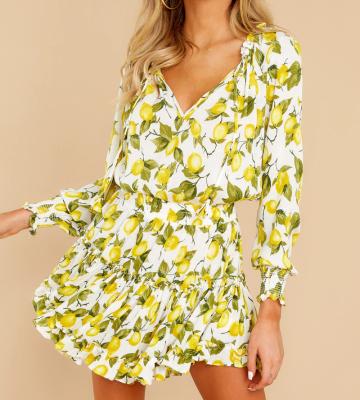 China Lemon Round Front Print Keyhole Tie Neck Ruffle Cuff Long Sleeves Comfort Smocked Short Dress for sale