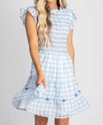 China Summer Breathable Women Smocked Bodice Ruffle Shoulder Mini Gingham Dress for sale
