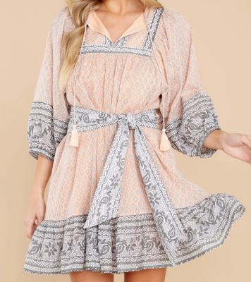 China Comfort Keyhole Tie Front Dolman Sleeves Scallop Block Tasseled Mini Dress for sale