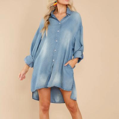 China Casual Comfort Middle Wash Collared Button Down Side Split Cambric Dress for sale