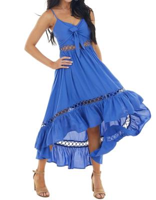 China Ease Royal Blue High Low Midi Dress with Smocked Back Tie and Semi-Sheer Details for sale