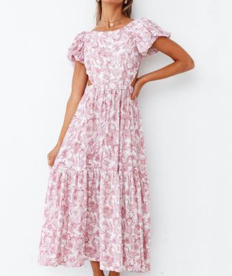 China Women Breathable Daily Floaty Round Neck Puff Sleeve Crisscross Back Short Midi Floral Dress for sale