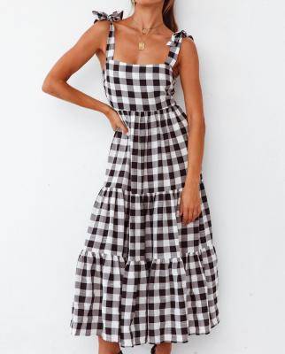 China Breathable Nexus Straps Bubble Back Black White Gingham Plaid Check Midi Dress for sale