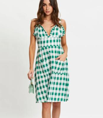 China Comfort Gingham Control V-Neck Ruffle Button Strappy Front Midi Dress for sale