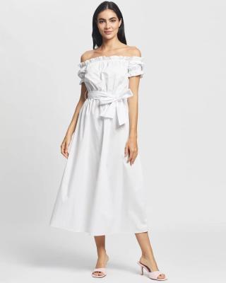 China White Comfort Off Shoulder Belted Midi Dress With Puff Sleeves Ruffles Cotton for sale