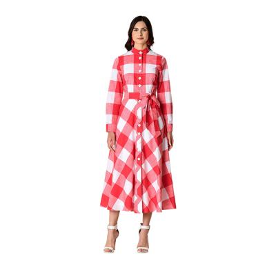 China Breathable Long Sleeves Midi Shirt Dresses Women's Casual Cotton Button Down Lady Plaid Dress for sale