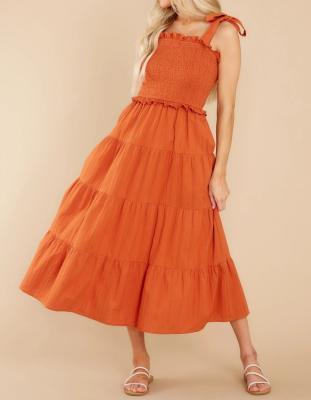 China Comfort Customized Women Shoulder Tie Ties Bodice Midi Smocked Dress for sale