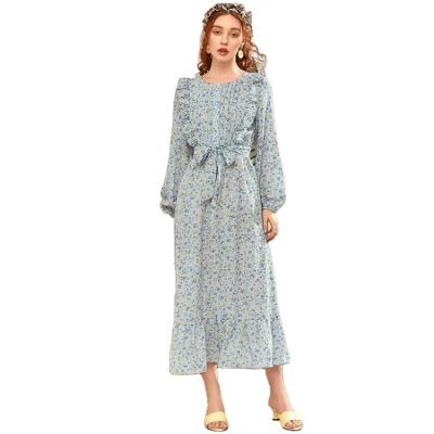 China Anti-Static Multicolor Round Neck Dress Women Floral Dresses Top Quality Polyester Long Sleeve for sale