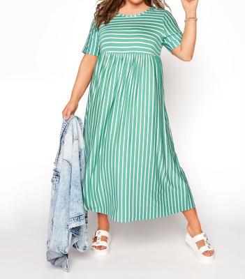 China OEM Breathable Casual Scoop Neck Short Sleeves Plus Size Striped T Shirt Midi Dress for sale