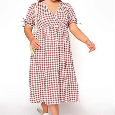 China Breathable Customized Plus Size Vestido Puff Sleeve V-Neck Plaid Checker Gingham Wrap Midi Dress for sale