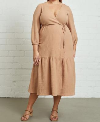 China 2021 Figures Cotton Gauze V Neck Breathable Curvy Wrap Around Midi Dress Plus Size for sale
