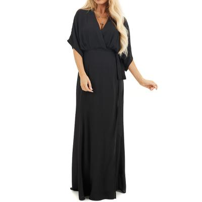 China International Standard Breathable Solid Chiffon Kimono Half Sleeves Maxi Dresses Surplice Neckline Kimono Wrap Front Ladies Girls Dresses for sale