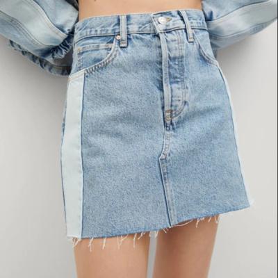 China Breathable High Waist Pockets Contrasting Panels Fringed Finish Buttons Short Skirt Womens Denim for sale