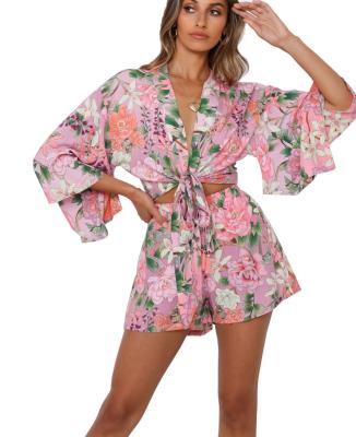 China Casual Floral Two Piece Set With Tie Front Kimono Top Shirred Waistband Adjustable Tassel Ties Shortly for sale