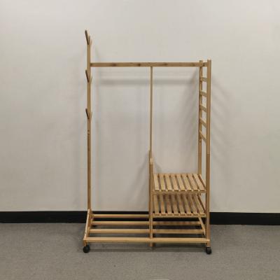 China Easy Assemble Bamboo Clothes Coat Hanging Shelf Shoes Rack Stand Wholesale Entryway Furniture with Wheels Easy-move Simple Style for sale