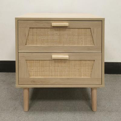 China Adjustable (other) Livingroom Bedroom Furniture Wood Bedside End Rattan Side Table Nightstand bed side table with Natural rattan cabinet for sale