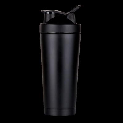 China Custom Thermo Stocked Logo Black 18/8 Stainless Steel Workout Mix Ice Protein Shaker Bottle 750ml for sale