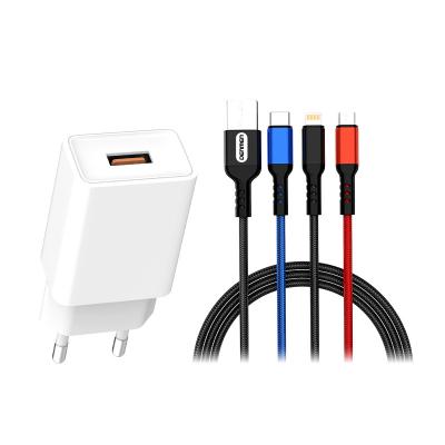 China Universal Hot Amazom Universal 2.4A Multi Ports Nylon Usb Cable 3 In 1 Set Usb Charger Cable Travel Charger for sale
