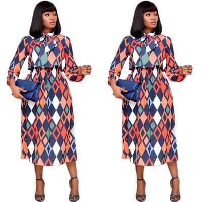 China Jiaer-Women Viable Vintage Grid Elegant Floral Printed Plus Size Tie Front Long Sleeve Crew Neck Swing Tunic Midi Dress for sale