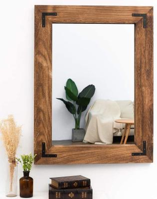 China Traditional Wood Mirror 22x28inch Frame With One Metal Corner Black Wall Mirrors, Rustic Farmhouse Style for sale