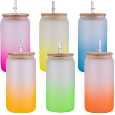 China Sublimation USA Warehouse Gradient Sublimation Mixed Color 16oz Glass Can Mason Can Bamboo Lid Bubble Tea Frosted Can Sublimation Blank for sale