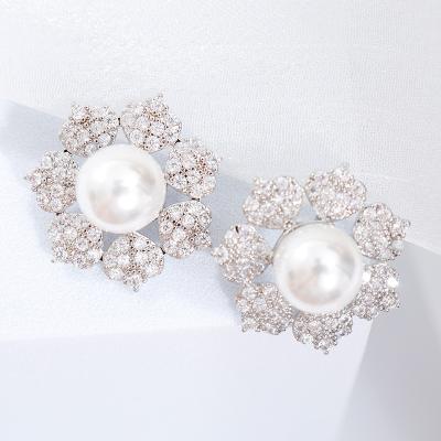China New TRENDY Flower Border Bead Shape Two Color Cubic Zircon Round Pearl Stud Earrings Party Girls Earrings Jewelry For Women for sale