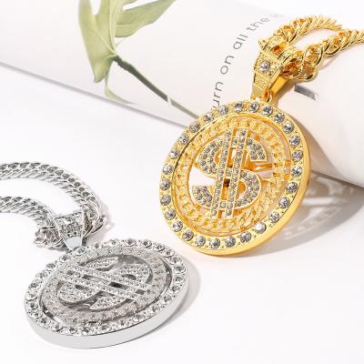 China Vintage 360 Degree Rotation Diamond Gold Coin Cuban Dollar Pendant Necklace Jewelry for sale