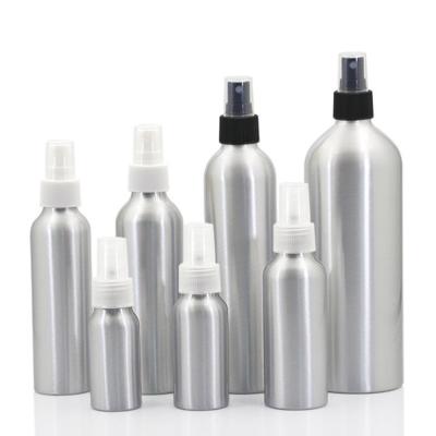 China 1oz 3oz 5oz 8oz 30ml 50ml 100ml 150ml 200ml 250ml Metal Cosmetic Empty Container Silver Aluminum Bottle With Black Fine Mist Sprayer Cap for sale