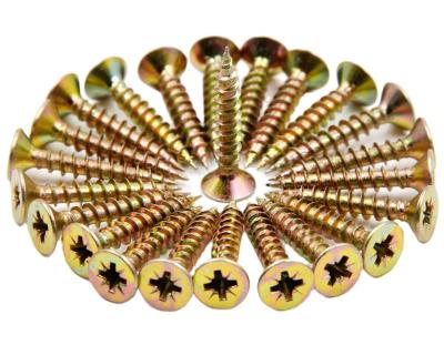 China Flatbed 70 80 Wood Screw Fasteners 100mm For Particleboard Countersunk Head Chipboard Yellow Galvanized Flat Tapping Screw for sale