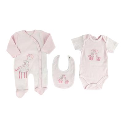 China Hot Selling High Quality Anti-Shrink Baby Clothes 3 PCS Set Newborn Baby Gift Sets With Romper, Bodysuit, And Bib for sale