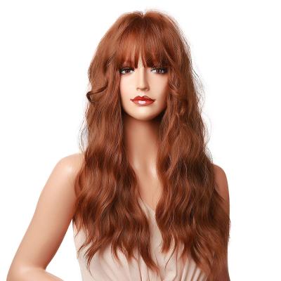 China Body Wave Honey Brown Natural Wave Wigs With Bangs For Women Color Heat Resistant Fiber Long 22 Inch Synthetic Wavy Loose Curly Wig for sale