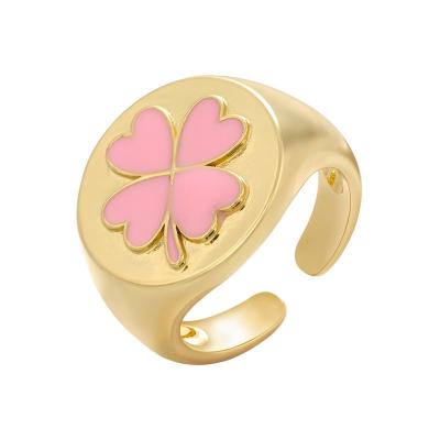 China FASHIONABLE Sterling Silver Leaf Clover Enamel Ring Silver Colored Women Four Wedding 18K Gold Plated Female Jewelry Custom Open Rings For Women for sale