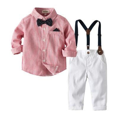 China Smart Casual Hot selling fashion pink Striped Bow Boy Shirt and suspenders overalls British Style Cute Kid Boy Outfit Set for sale