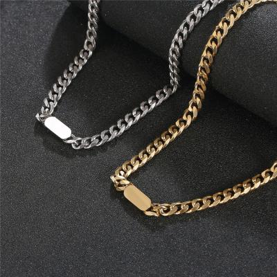 China Casual/Sporty Custom Engrave Bar Stainless Steel Thick 18K Gold Cuban Link Chain Bracelet Necklace Jewelry Set for sale