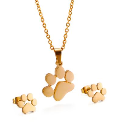 China Cute Simple Cute Cat Dog Pet Footprints Stainless Steel Earrings Gold Plated Necklace Jewelry Set for sale