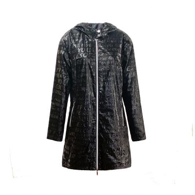 China Waterproof 2023 new woman spring summer letter print coated shiny fabric casual jackets sleeve roll up hooded Outdoor water repellent for sale