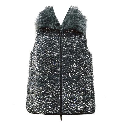China Sequins embroidery quilting 2023 new women Autumn spring Polyester velvet sequins quilted padded vests faux fur collar custom logo for sale