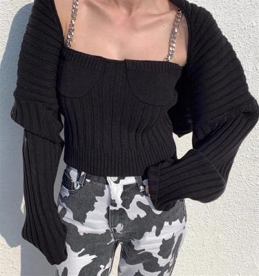 China Breathable Two Piece Camisole Women Chain Long Sleeve Crop Blouse Tops Casual Chic Cardigan Design Ladies Sweater for sale
