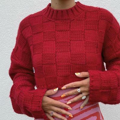 China Breathable Korean Red Plaid Jacquard Loose Oversized Blank Crop Knitted Sweater Tops For Ladies Christmas for sale