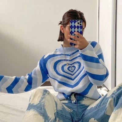 China Streetweat Stylish Women Girls Vintage Mujer Breathable Plaid Knitted Long Sleeve O-Neck Loose Pullover Crop Tops Sweater for sale