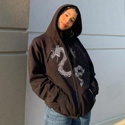 China Custom Streetwear Hooded Oversized Rhinestone Jacket Anti-Wrinkle Zipper Sweatshirt Full Zip Hoody Graphic Women Women for sale