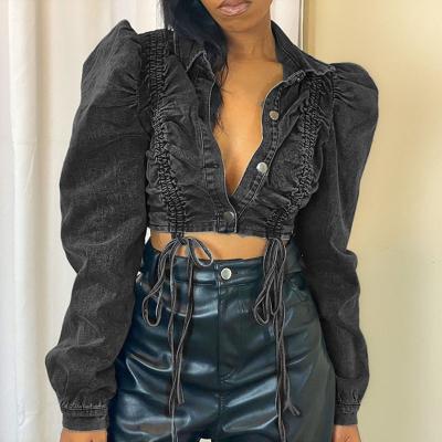 China Anti-Wrinkle Autumn Winter Women Vintage Ruffle Pleated Cropped Denim Jackets Casual Straight Denim Jacket for sale