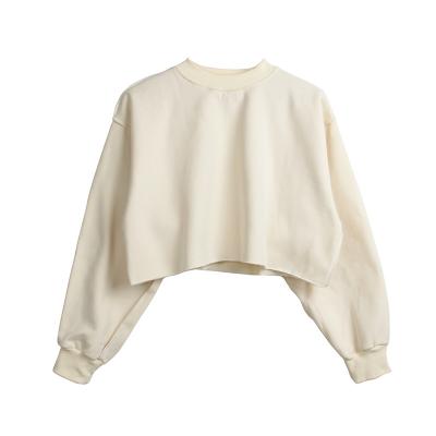 China Anti-pilling logo 100 cotton women white fleece cropped top long sleeve sweatshirt custom made high quality oversized crew neck for sale