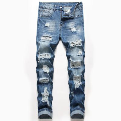 China Breathable High Waist Men's Slim Denim Blue Jeans Biker Plus Size Pants Fashion Slim Washed Distressed Men's Lattice With Striped for sale